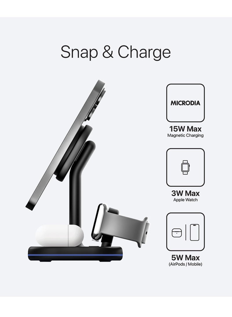 MICRODIA SNAPStation™  PRO 4-in-1 Magnetic Wireless Charging Station, 23W Fast Magsafe Charger Stand for iPhone , AirPods & Watch, Qi Certified Charging Dock – Black - Image 3